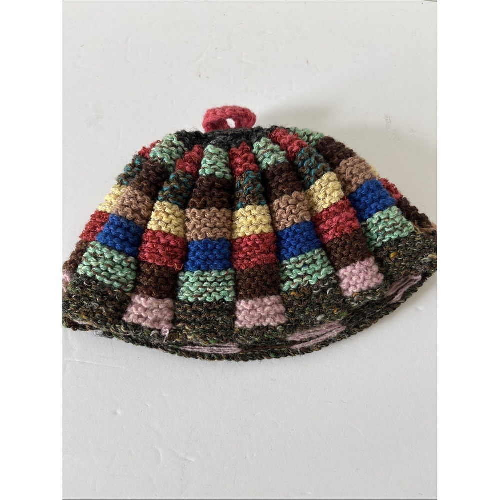 Hand Knitted Multi Colored Ribbed Tea Cozy Hat Medium Teapot